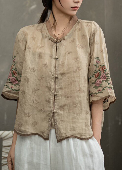 Vintage White Embroidered Chinese Button Linen Blouse Top Half Sleeve