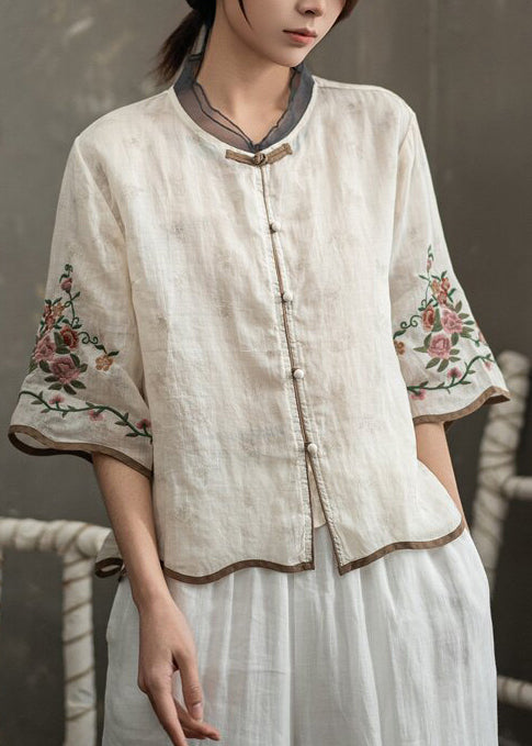Vintage White Embroidered Chinese Button Linen Blouse Top Half Sleeve