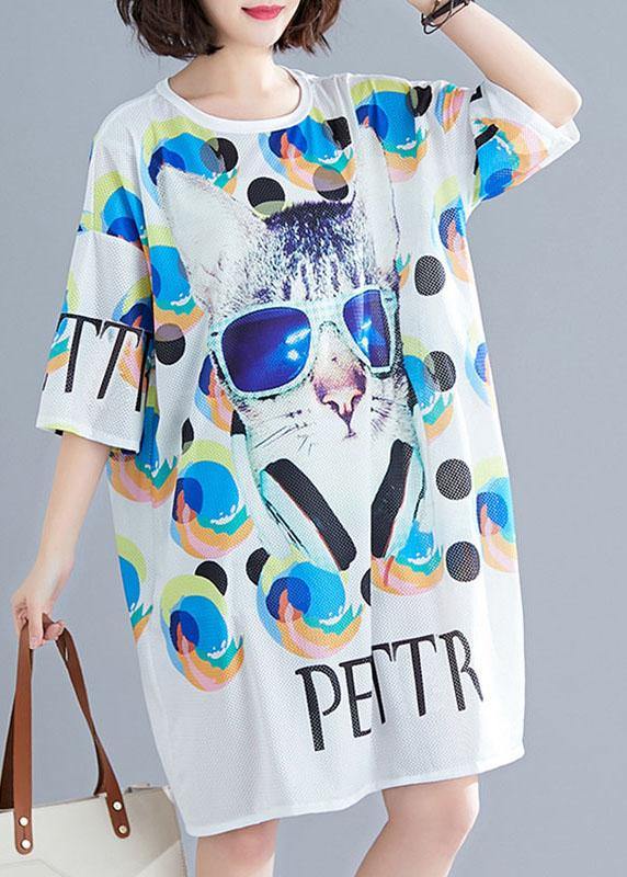 Vintage White Graphic Print Dress Summer - SooLinen