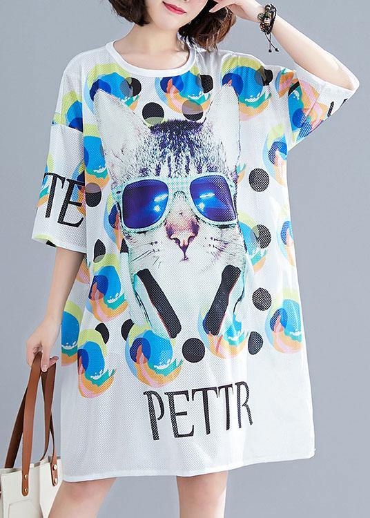 Vintage White Graphic Print Dress Summer - SooLinen