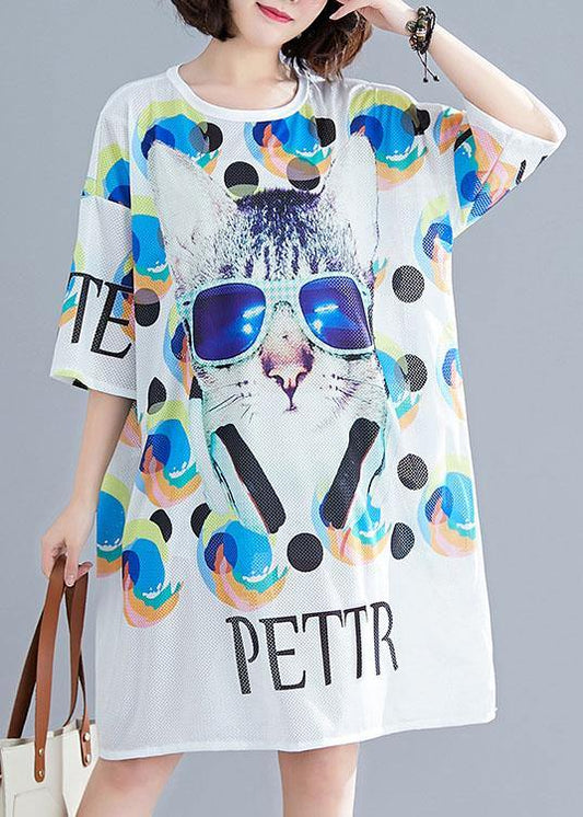 Vintage White Graphic Print Dress Summer - SooLinen