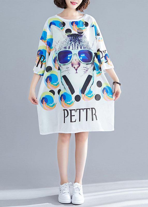 Vintage White Graphic Print Dress Summer - SooLinen