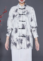 Vintage White Inkwash Painting Print Chinese Button Chiffon Shirt Tops Fall
