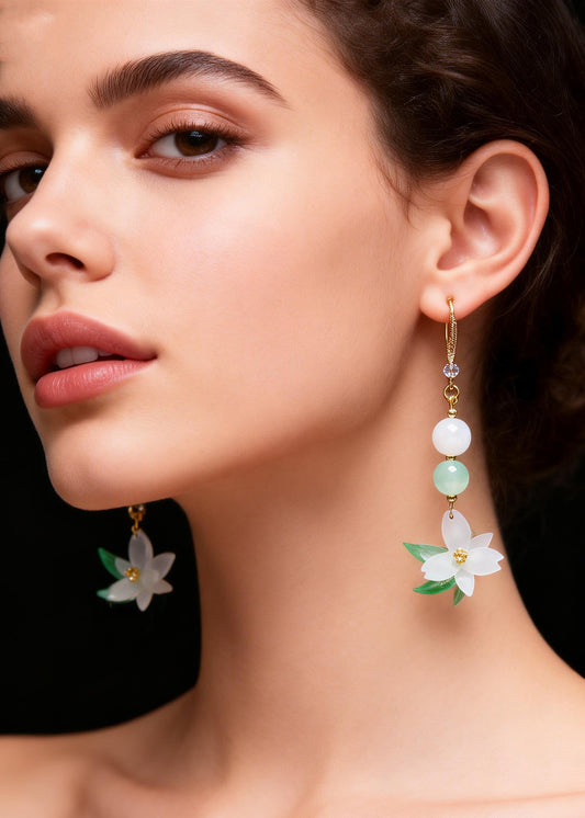 Vintage White Jade Lotus Flower Drop Earrings