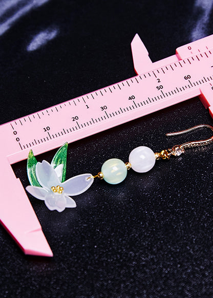 Vintage White Jade Lotus Flower Drop Earrings