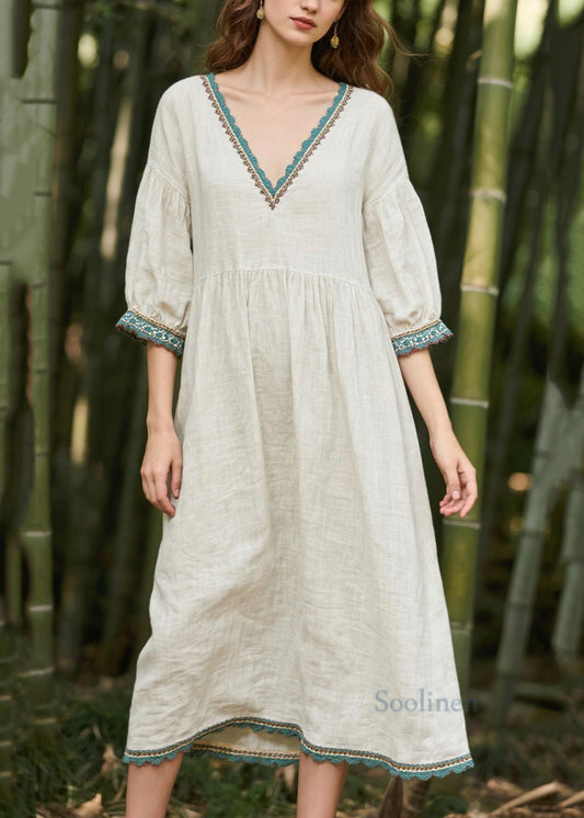 Vintage White Oversized Patchwork Linen Maxi Dresses Summer