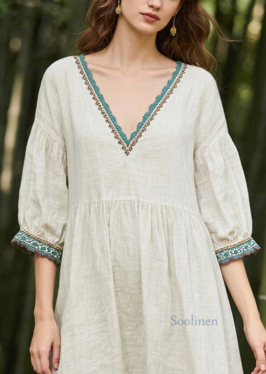 Vintage White Oversized Patchwork Linen Maxi Dresses Summer