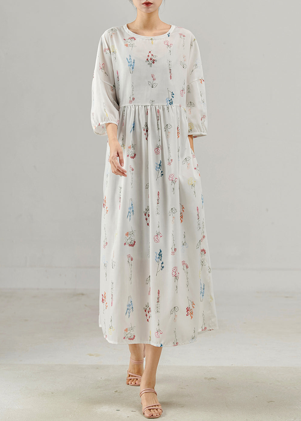 Vintage White Oversized Print Cotton Long Dresses Bracelet Sleeve