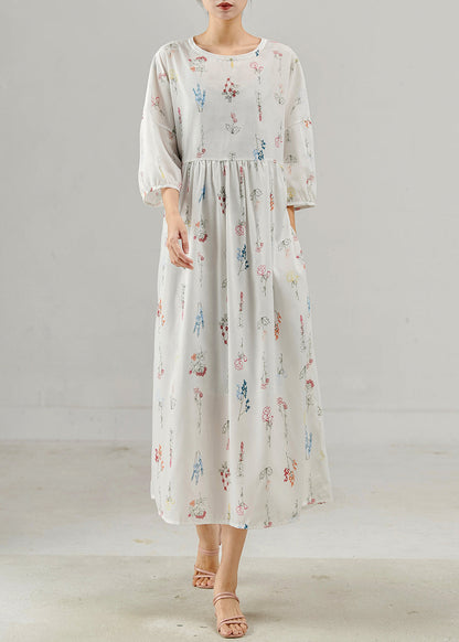 Vintage White Oversized Print Cotton Long Dresses Bracelet Sleeve