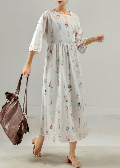 Vintage White Oversized Print Cotton Long Dresses Bracelet Sleeve