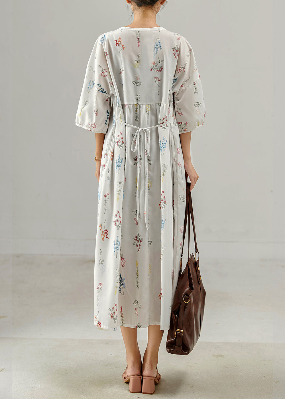 Vintage White Oversized Print Cotton Long Dresses Bracelet Sleeve