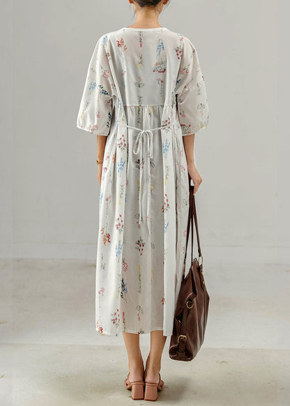 Vintage White Oversized Print Cotton Long Dresses Bracelet Sleeve