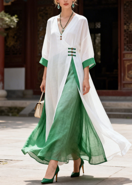 Vintage White Patchwork Chinese Button Cotton Oriental Dress Summer