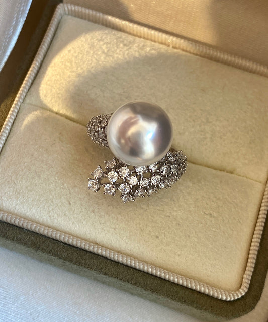 Vintage White Pearl Zircon Silver Open Rings