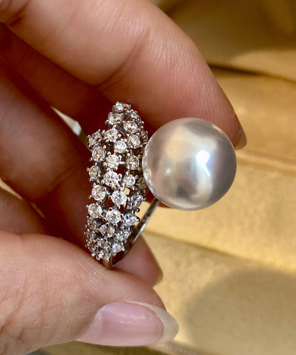 Vintage White Pearl Zircon Silver Open Rings