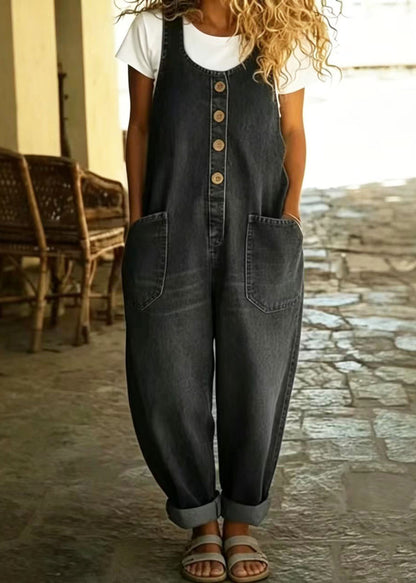 Vintage White Pockets Oversized Denim Jumpsuits Summer