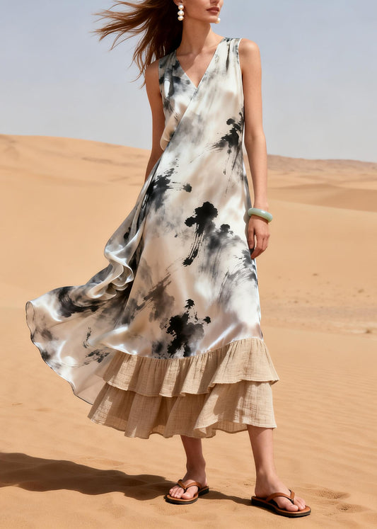 Vintage White Print Patchwork Linen Chiffon Ankle Dress Summer
