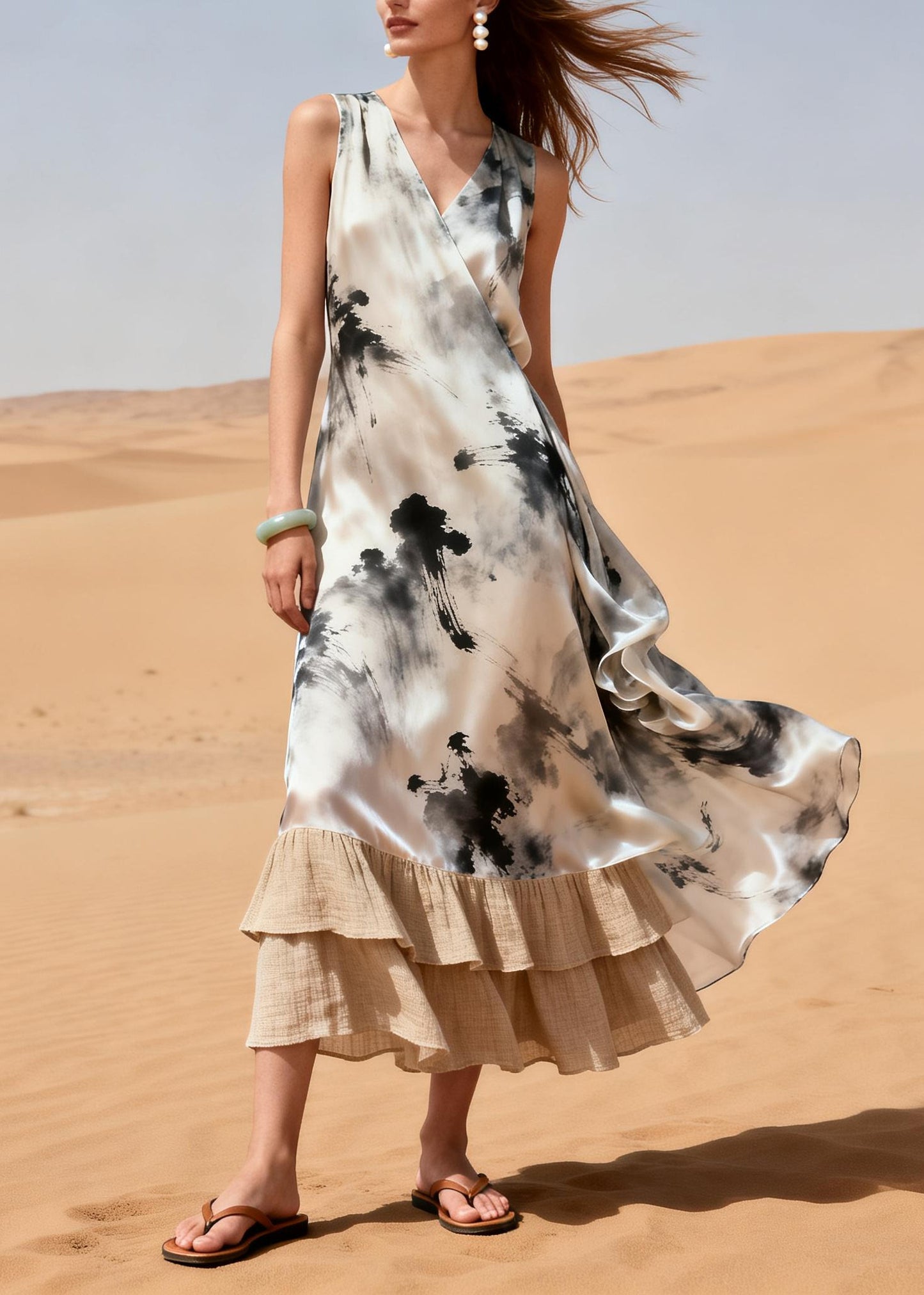 Vintage White Print Patchwork Linen Chiffon Ankle Dress Summer
