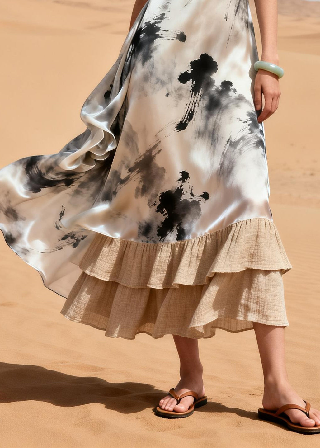 Vintage White Print Patchwork Linen Chiffon Ankle Dress Summer