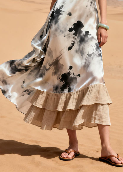 Vintage White Print Patchwork Linen Chiffon Ankle Dress Summer