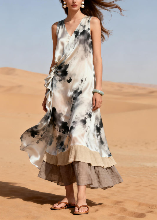 Vintage White Print Patchwork Silk Maxi Dresses Summer