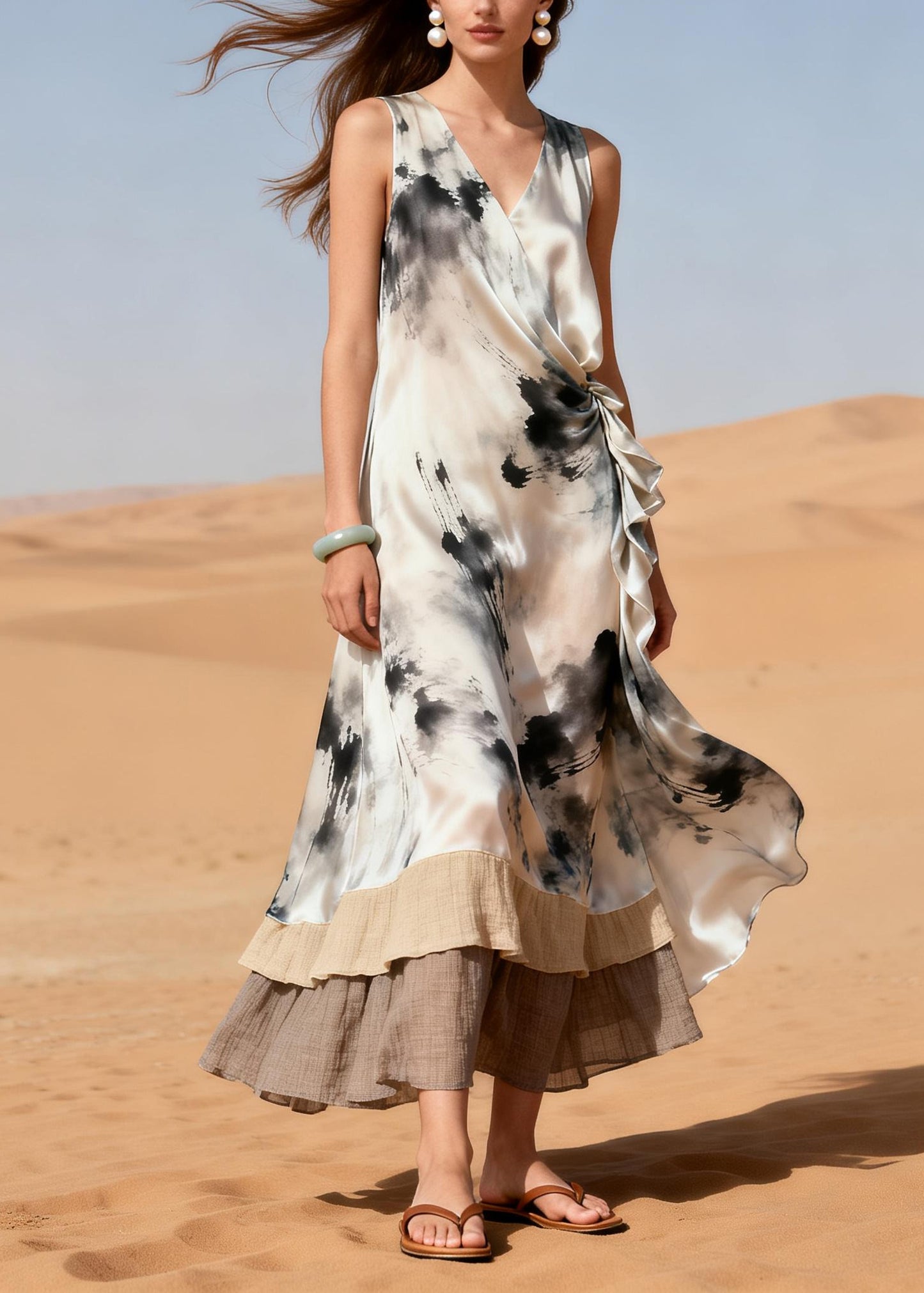 Vintage White Print Patchwork Silk Maxi Dresses Summer
