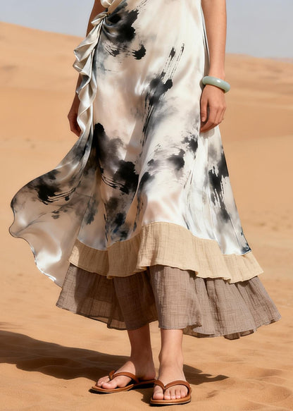 Vintage White Print Patchwork Silk Maxi Dresses Summer