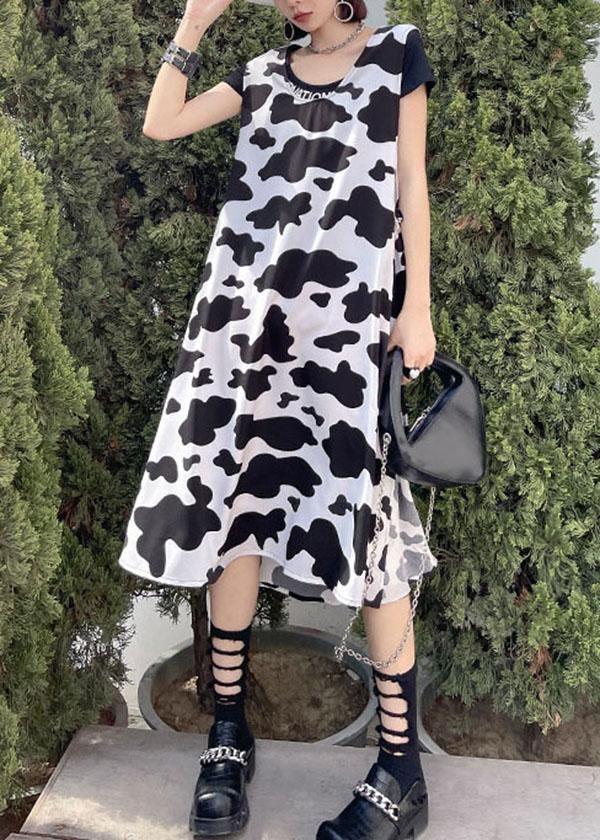 Vintage White Printsideopen Summer Short Sleeve Long Dress - SooLinen