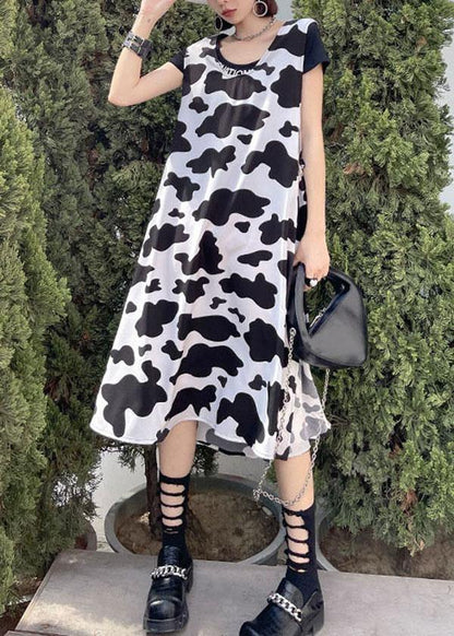 Vintage White Printsideopen Summer Short Sleeve Long Dress - SooLinen