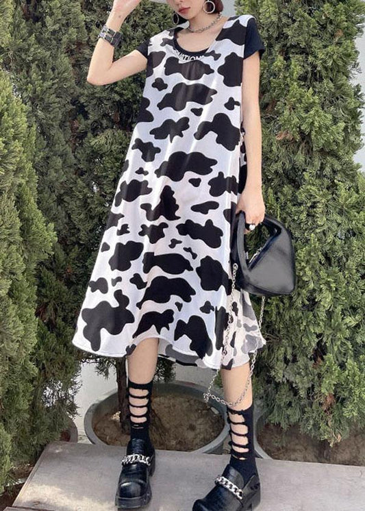 Vintage White Printsideopen Summer Short Sleeve Long Dress - SooLinen