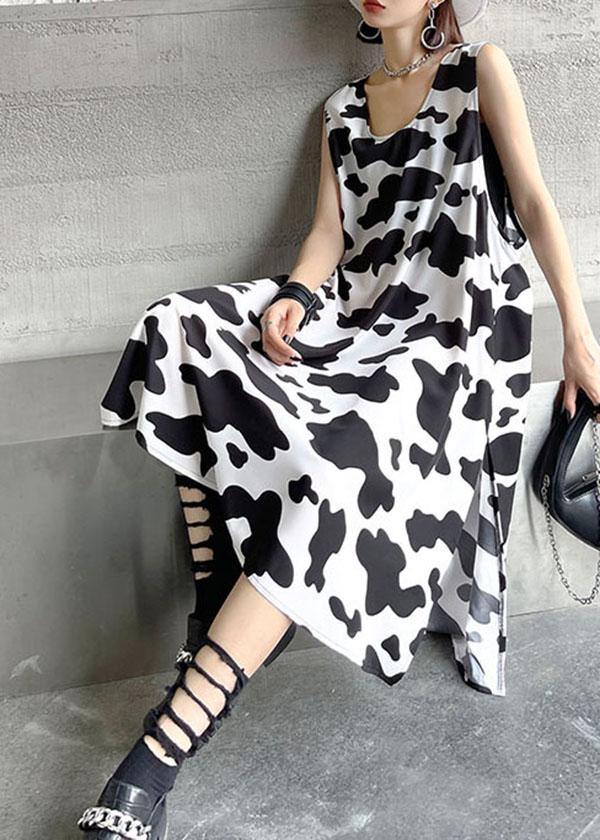 Vintage White Printsideopen Summer Short Sleeve Long Dress - SooLinen