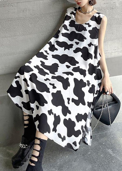 Vintage White Printsideopen Summer Short Sleeve Long Dress - SooLinen