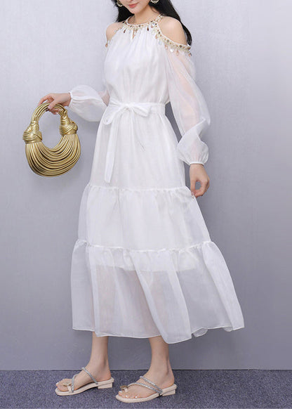 Vintage White Sequins Cold Shoulder Holiday Dress Summer