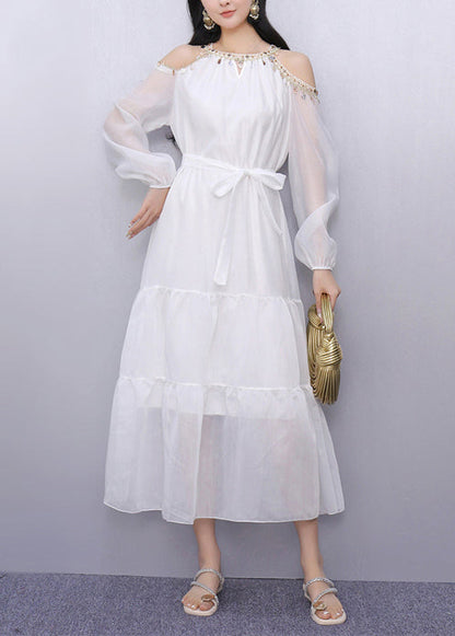 Vintage White Sequins Cold Shoulder Holiday Dress Summer