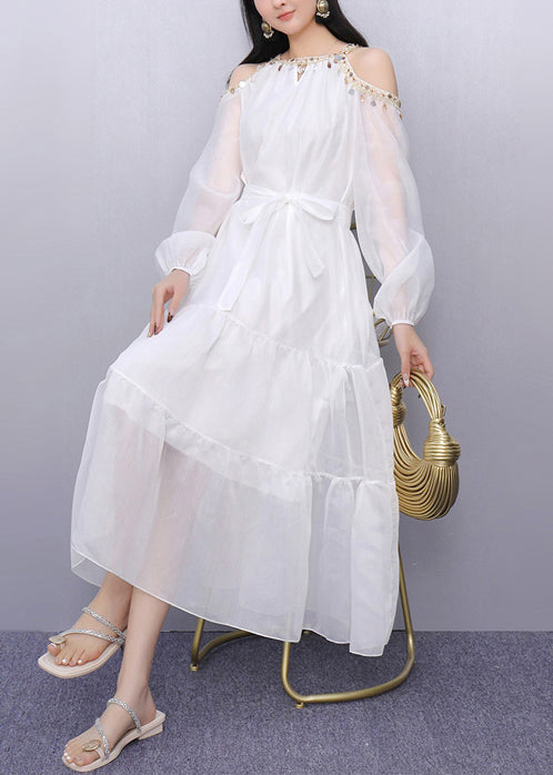 Vintage White Sequins Cold Shoulder Holiday Dress Summer