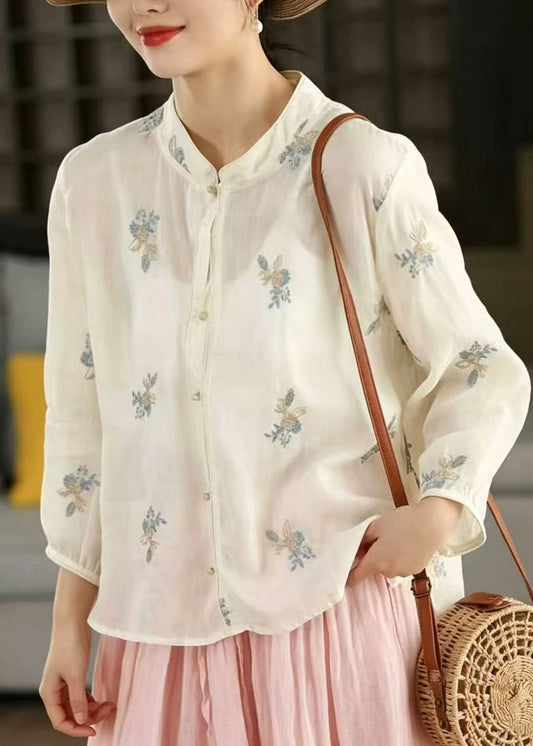Vintage White Stand Collar Embroidered Linen Blouses Spring