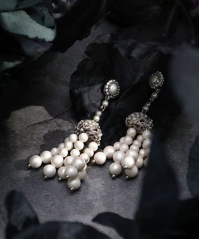 Vintage White Sterling Silver Pearl Tassel Drop Earrings