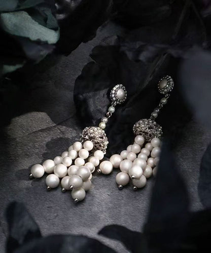 Vintage White Sterling Silver Pearl Tassel Drop Earrings