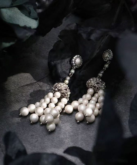Vintage White Sterling Silver Pearl Tassel Drop Earrings