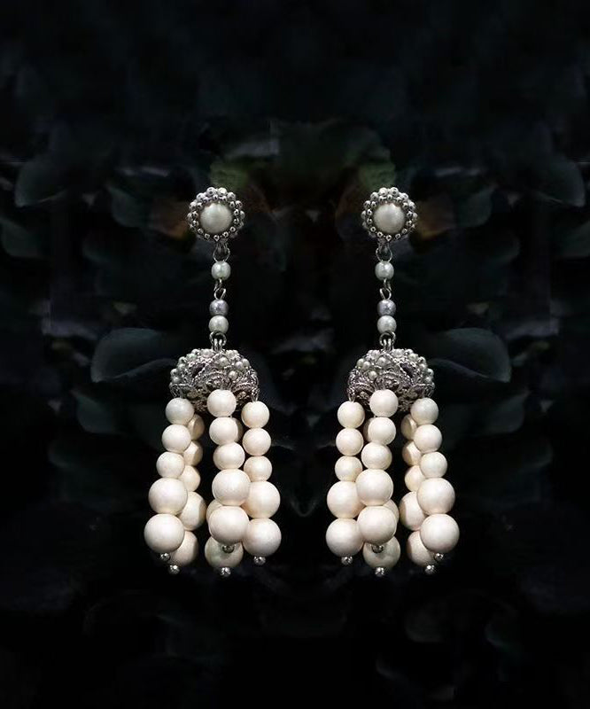 Vintage White Sterling Silver Pearl Tassel Drop Earrings