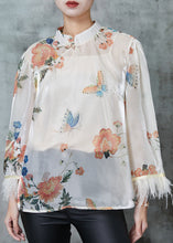 Load image into Gallery viewer, Vintage White Tasseled Print Silk Shirts Spring