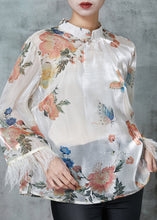 Load image into Gallery viewer, Vintage White Tasseled Print Silk Shirts Spring