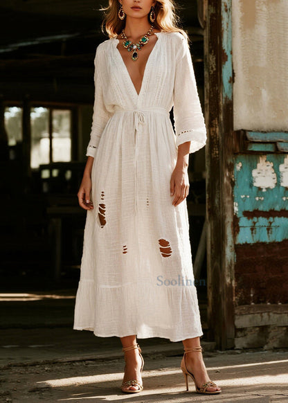 Vintage White V Neck Hollow Out Cotton Vacation Dresses Spring