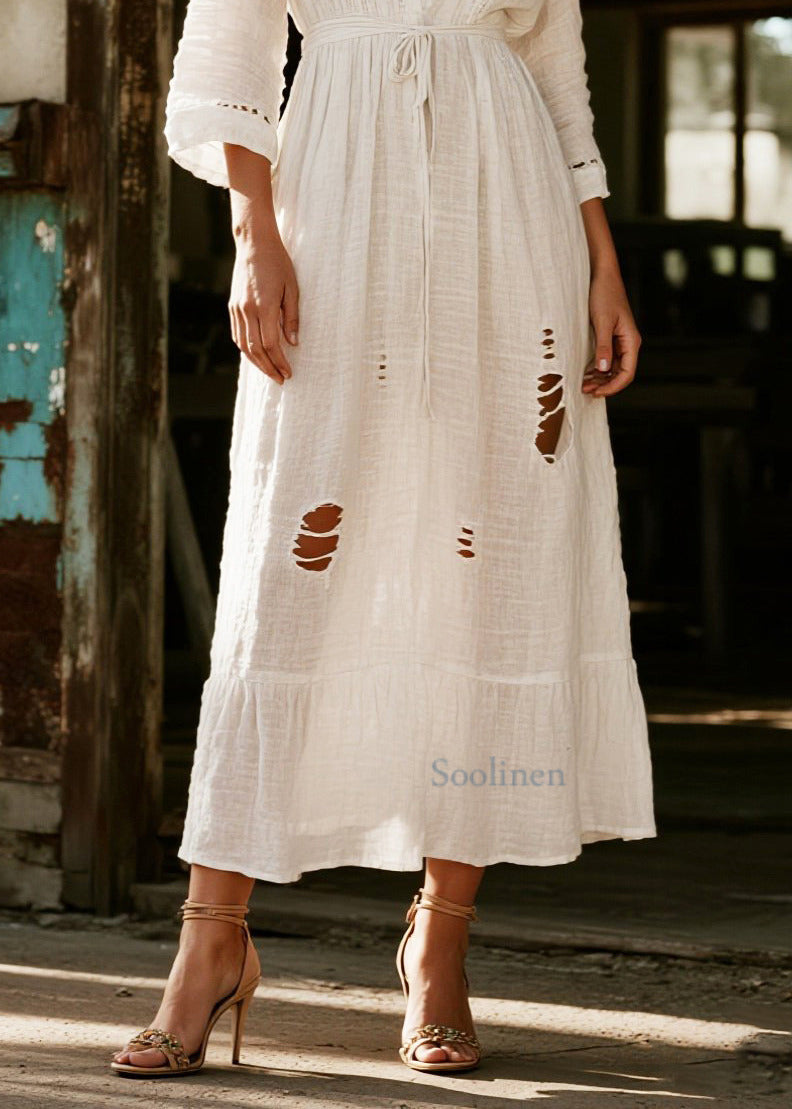 Vintage White V Neck Hollow Out Cotton Vacation Dresses Spring