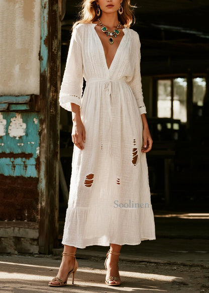 Vintage White V Neck Hollow Out Cotton Vacation Dresses Spring