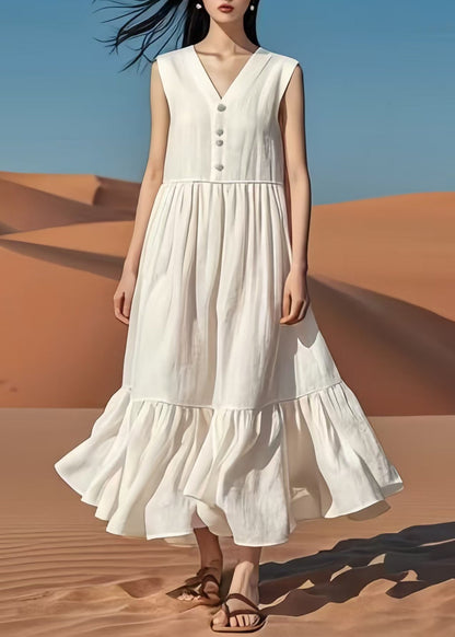 Vintage White V Neck Patchwork Cotton Long Dresses Summer