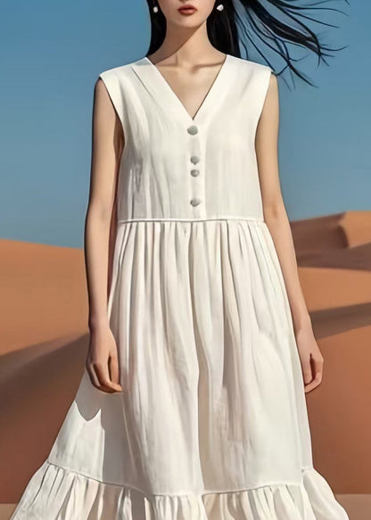 Vintage White V Neck Patchwork Cotton Long Dresses Summer