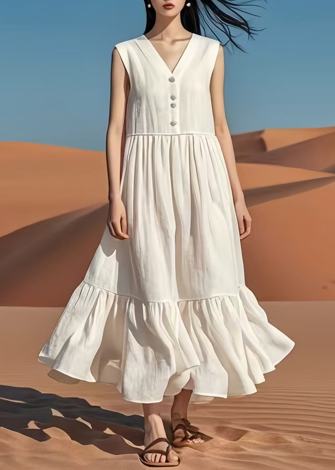 Vintage White V Neck Patchwork Cotton Long Dresses Summer