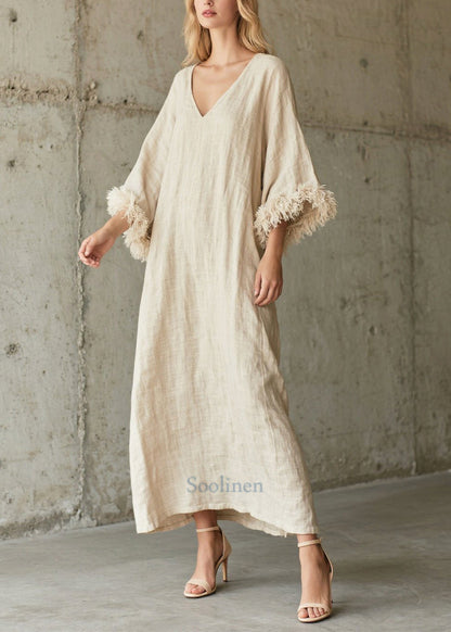 Vintage White V Neck Patchwork Faux Fur Vacation Dresses Fall