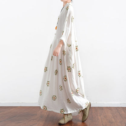 Vintage White Embroidered Chiffon Dresses Long Plus Size Caftans Oversized Gown